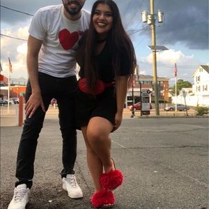 Red yarn pom pom slides, barely worn. So cute!